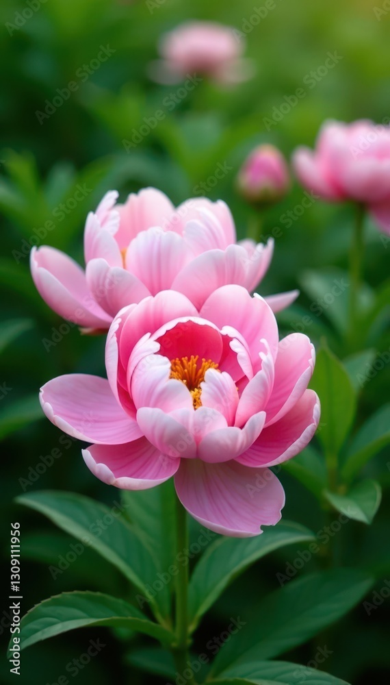 Soft pink peony blossoms, lush green foliage background, flower petals, romantic, bloom Soft pink peony blossoms, lush green foliage background, flower petals, romantic, bloom