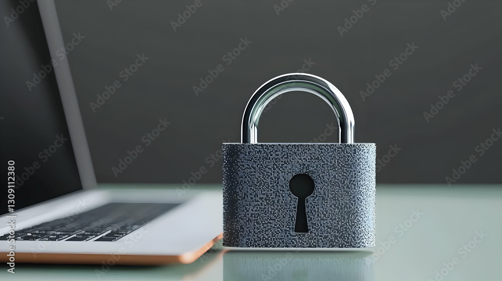 Metallic Padlock Beside Open Laptop Displaying Data Protection On Glass Desk Metallic Padlock Beside Open Laptop Displaying Data Protection On Glass Desk