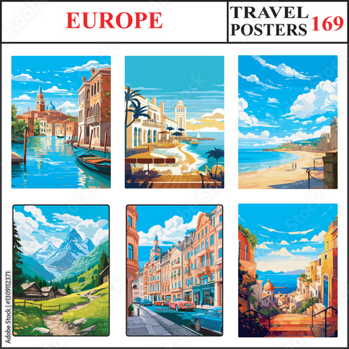 Europe St Marks Square Venice Menorca Saint Malo Travel Poster Wall Art Print Collection Set 169