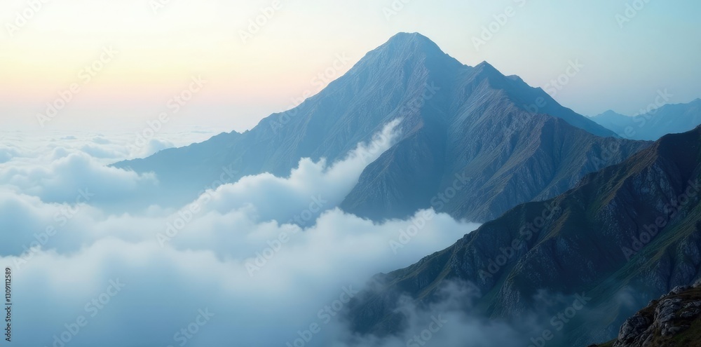 Fototapeta premium Fog slowly lifting to reveal the rugged landscape of a cloud-covered peak, atmospheric conditions, high altitude