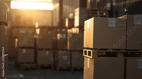Logistics hub: A view of stacked cardboard boxes in a vast distribution warehouse
