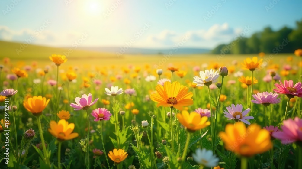Obraz premium A Vibrant Meadow of Blossoming Flowers Basking in the Golden Hour Sunlight, a Serene and Peaceful Landscape of Nature's Beauty