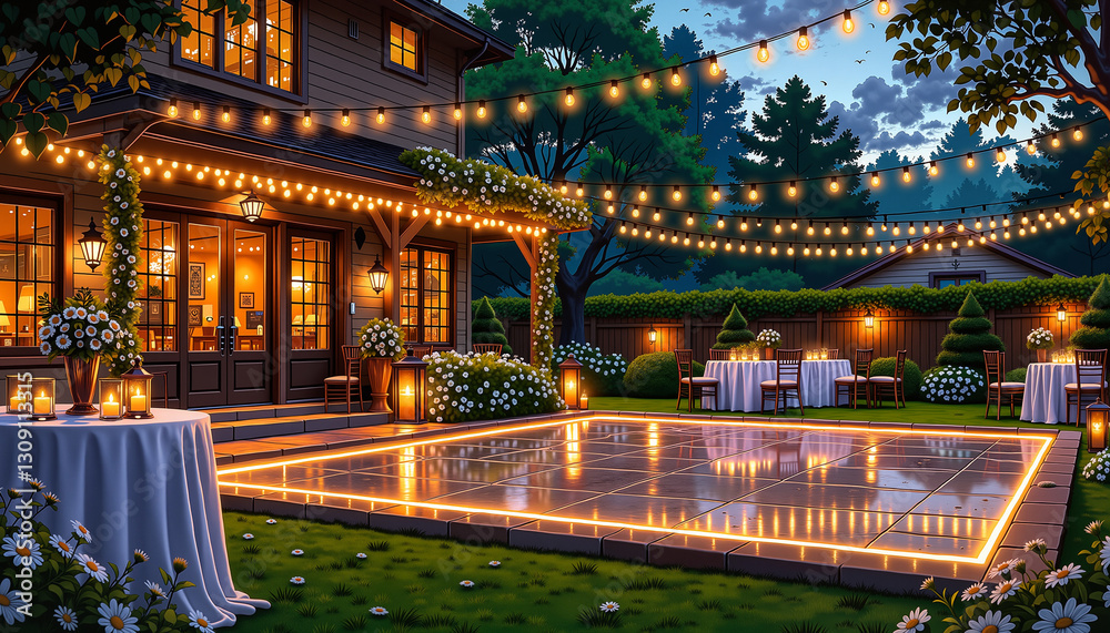 Elegant outdoor party setting with string lights and tables Elegant outdoor party setting with string lights and tables