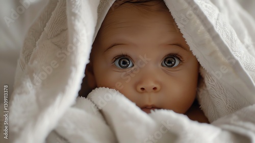 A baby with big blue eyes looks at the camera from under a white blanket. photo