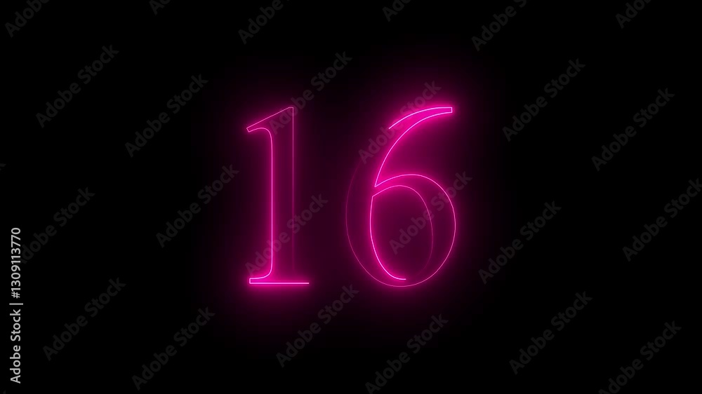 16 number text animation by pink color neon on black background. 16 number text animation by pink color neon on black background.