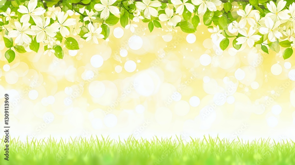 White Blossoms and Green Grass Spring Background White Blossoms and Green Grass Spring Background