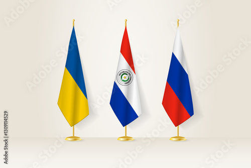Diplomatic Meeting Representation, Ukraine, Paraguay and Russia Flags. Flags on Diplomatic Stands.