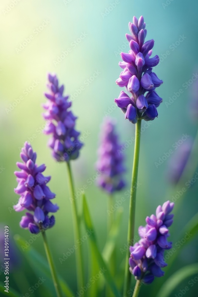 Obraz premium Lavender flowers swaying gently in the breeze, gentle, green, petals