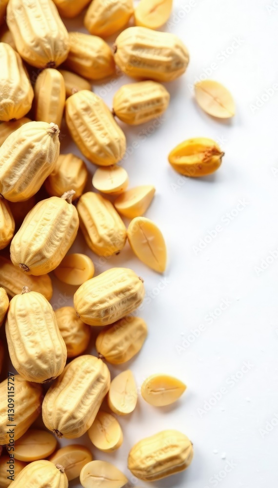 Peanut shells scattered on a white surface with some remaining peanuts, background texture, natural, isolated Peanut shells scattered on a white surface with some remaining peanuts, background texture, natural, isolated