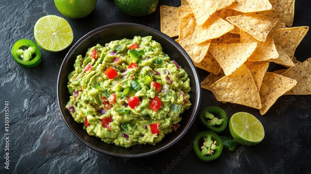 Freshly made guacamole in a bowl with tortilla chips, limes, and jalapeos, displayed on a dark textured surface. Freshly made guacamole in a bowl with tortilla chips, limes, and jalapeos, displayed on a dark textured surface.