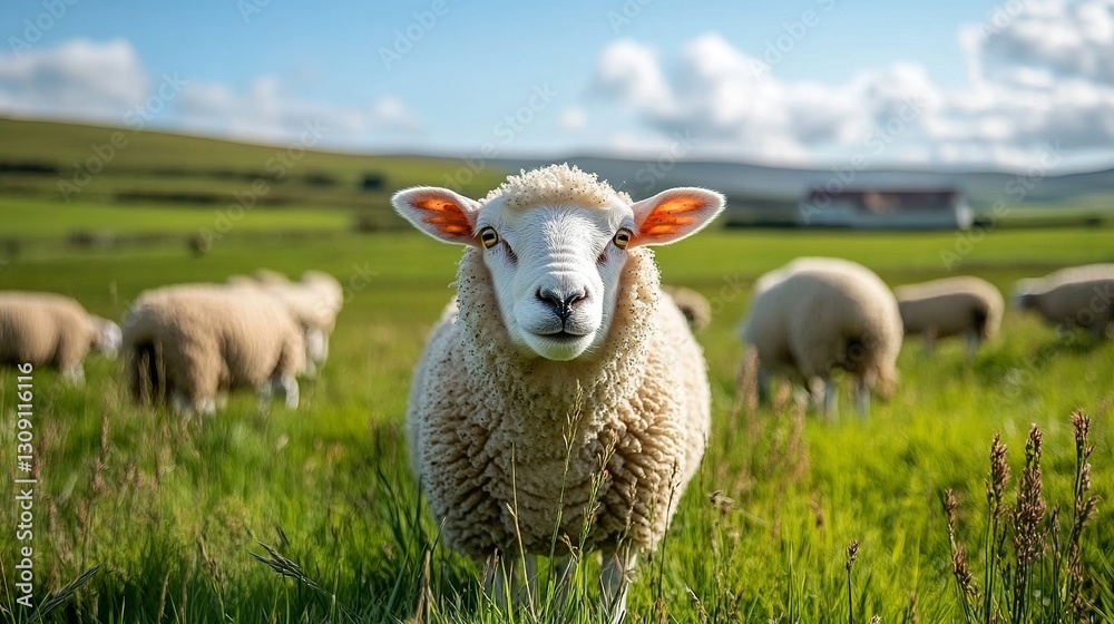A curious sheep stares directly at the camera. Background shows other sheep grazing in a field of grass. The sky is blue and bright. A curious sheep stares directly at the camera. Background shows other sheep grazing in a field of grass. The sky is blue and bright.