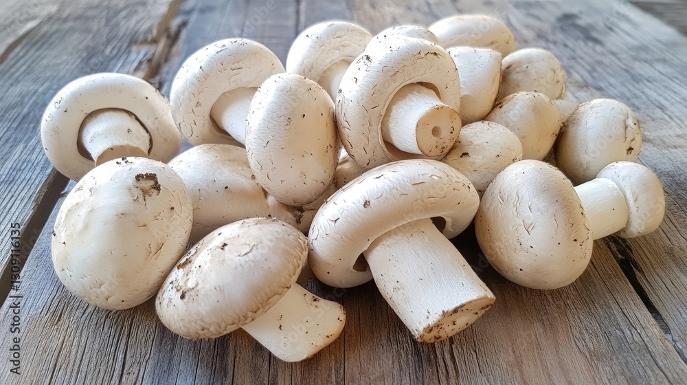 Fresh organic mushrooms of different varieties, such as shiitake, button, and portobello, spread on a wooden background. Fresh organic mushrooms of different varieties, such as shiitake, button, and portobello, spread on a wooden background.
