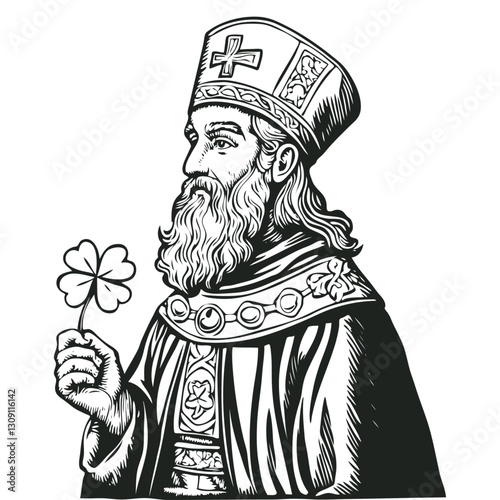 Vector illustration of Saint Patrick in black and white engraving style. the religious figure with a long beard wearing traditional bishop attire and holding a shamrock clover