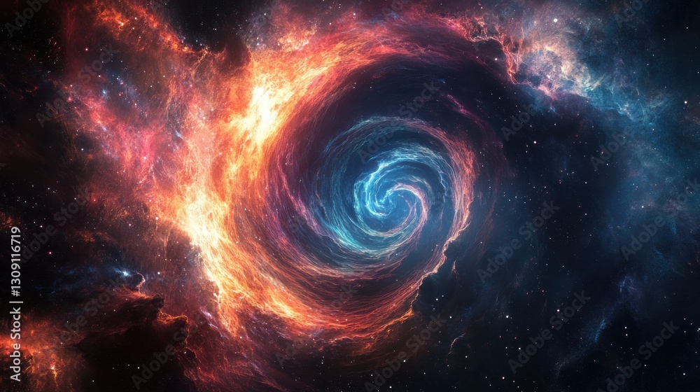 Cosmic Swirl: A mesmerizing nebula with fiery orange and cool blue hues swirling into a vortex, a breathtaking spectacle of celestial beauty.