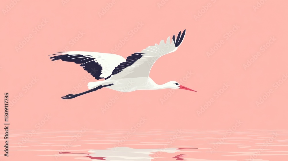 Fototapeta premium Elegant stork in graceful flight over a serene rosy ocean landscape