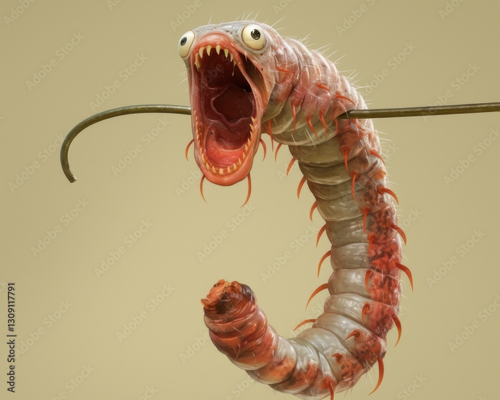 Fototapeta premium A realistic worm with large eyes is hooked on a fishing hook against a light background.