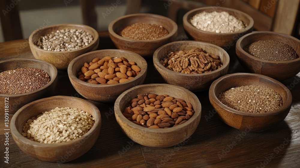 Organic nuts and seeds, such as almonds, walnuts, flaxseeds, and sunflower seeds, displayed in wooden bowls. Organic nuts and seeds, such as almonds, walnuts, flaxseeds, and sunflower seeds, displayed in wooden bowls.