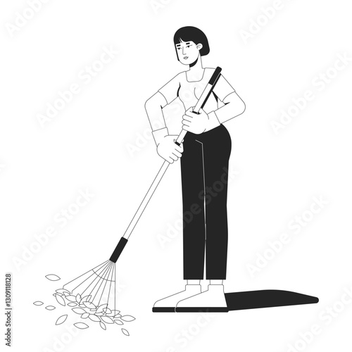 Asian woman raking leaves while wearing gloves 2D line character. Outdoor maintenance autumn. Korean female rake handling isolated vector ink outline person. Monochromatic spot illustration