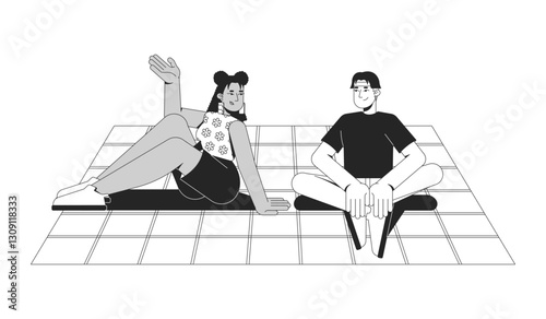 Diverse friends relaxing on picnic blanket 2D line characters. Weekend fun sitting together. Latina girlfriend, asian boyfriend isolated vector ink outline people. Monochromatic spot illustration