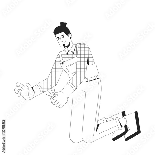 Male farmer kneeling and weeding garden 2D line character. Countryman in overalls and plaid shirt, agriculturalist removing weeds isolated vector ink outline person. Monochromatic spot illustration