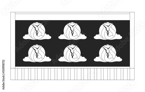 Raised garden bed with fresh cabbages growing in rich soil 2D line object. Organic farming. Sustainable gardening. Homegrown food isolated clipart vector ink outline item. Monochrome spot illustration