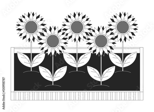 Raised garden bed with sunflowers leaves 2D line object. Gardening, rural nature, sustainable agriculture. Blooming plants isolated clipart vector ink outline item. Monochrome spot illustration