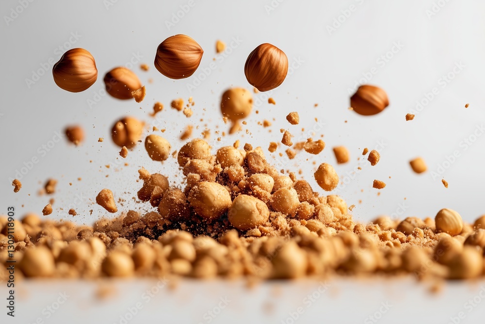 Nutty Explosion: A captivating image showcasing the dynamic moment of hazelnuts bursting apart, with shelled nuts and particles suspended mid-air.