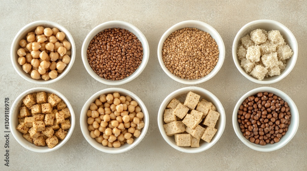 Vegan protein sources, including tofu, tempeh, chickpeas, lentils, and quinoa, displayed in separate bowls on a neutral background.