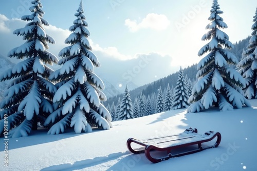 Snow-covered trees with a sledge in the foreground, snowflake, snow-covered trees,