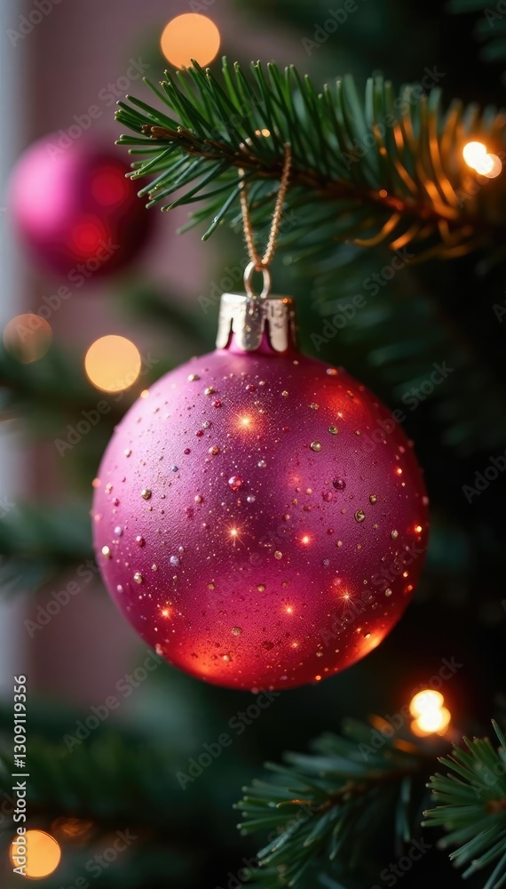 Fototapeta premium Sparkling glass bauble on a Christmas tree branch, tree, pink, festive