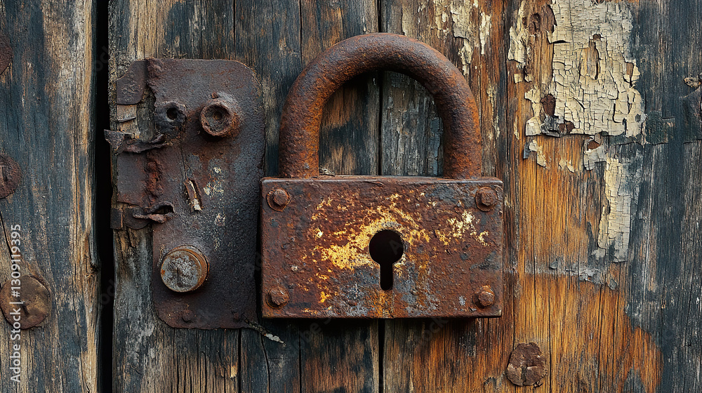 Old Rusty Padlock on Weathered Wooden Door for Antique Lovers
Old Rusty Padlock on Weathered Wooden Door for Antique Lovers