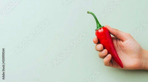 Male hand holding fresh red hot chili pepper.