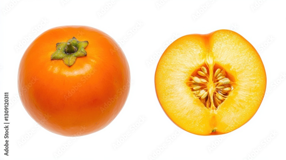 Whole and Halved Persimmon Isolated on White Background Whole and Halved Persimmon Isolated on White Background