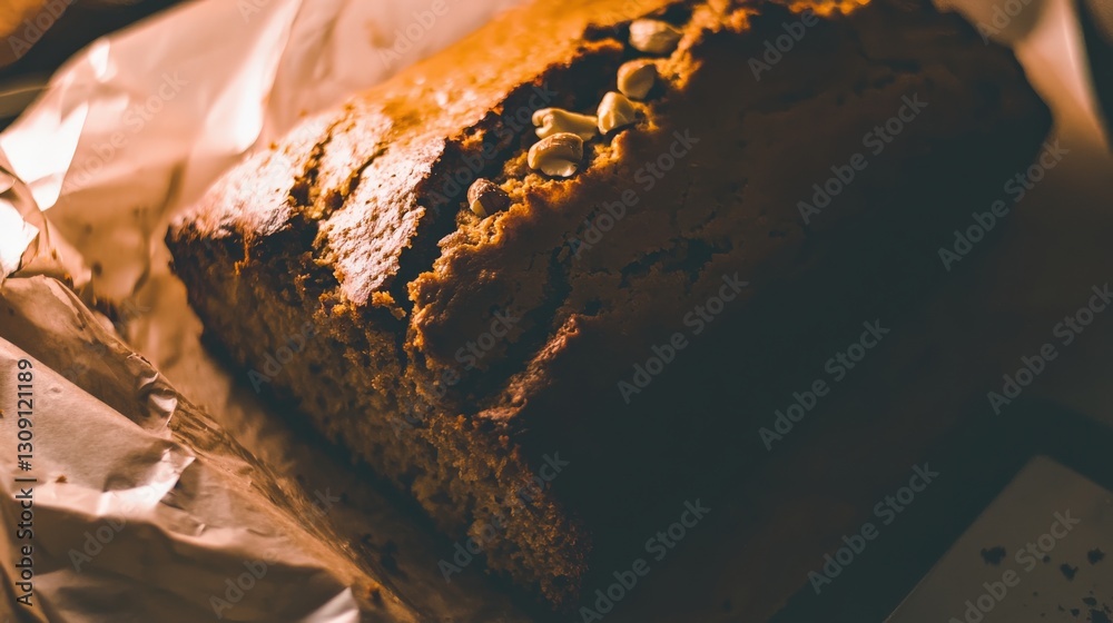 Fototapeta premium Warm Whole Loaf of Banana Bread with Nuts Isolated on a Table