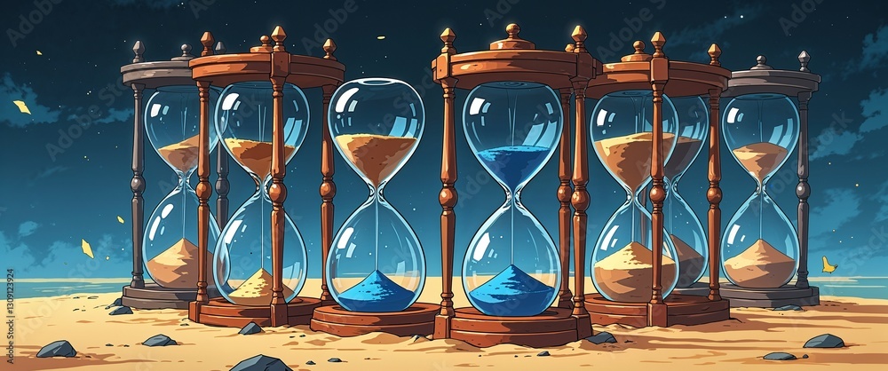 Fototapeta premium anime Chamber of hourglasses where time slows with every grain of sand retro cartoon illustration