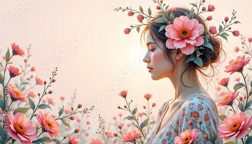 Elegant woman with floral headpiece in blooming field. For March 8 
