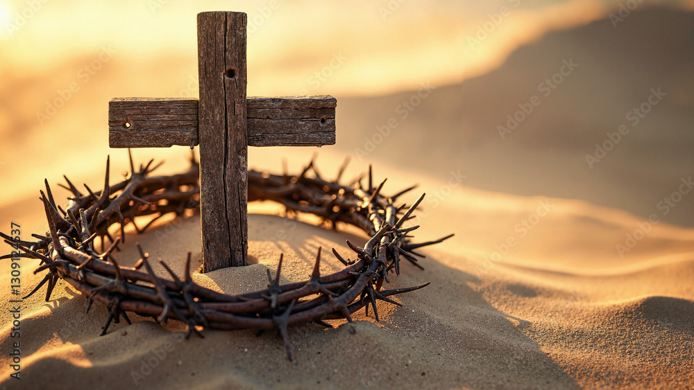 Crown of Thorns and Wooden Cross on Sandy Beach: Vintage Retro Religious Symbol for Easter Marketing and Faith-Based Content Crown of Thorns and Wooden Cross on Sandy Beach: Vintage Retro Religious Symbol for Easter Marketing and Faith-Based Content