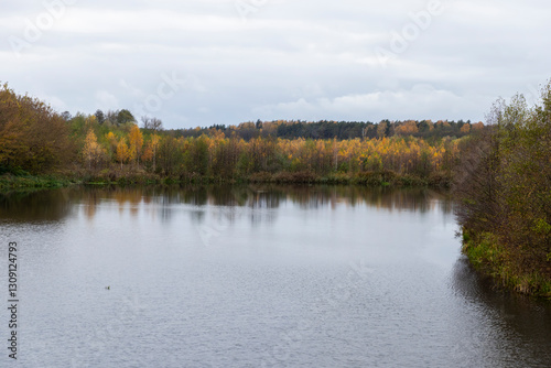autumn landscape in cloudy weather with a lake and deciduous trees
