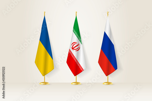 Diplomatic Meeting Representation, Ukraine, Iran and Russia Flags. Flags on Diplomatic Stands.