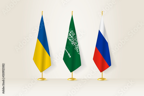 Diplomatic Meeting Representation, Ukraine, Saudi Arabia and Russia Flags. Flags on Diplomatic Stands.