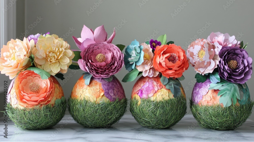Obraz premium Colorful Paper Flower Arrangements in Green Bases
