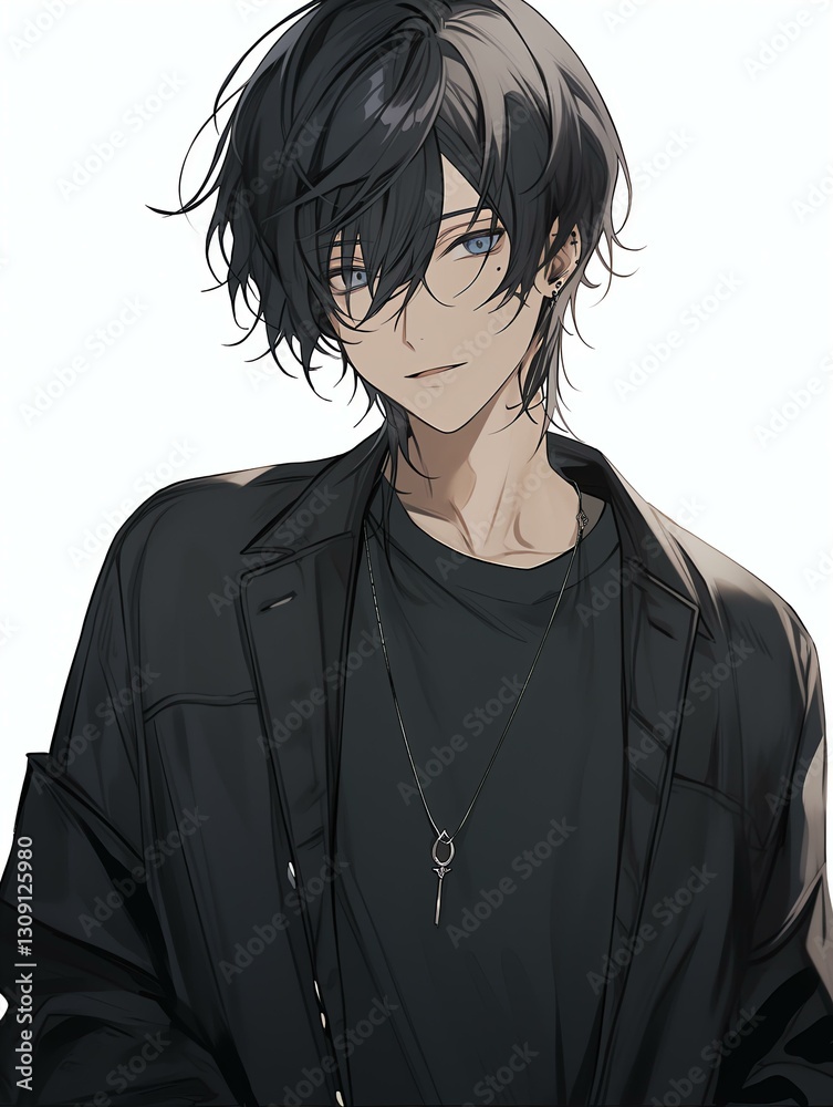 Fototapeta premium Anime Man with Black Hair and Blue Eyes