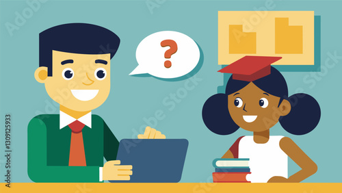 The loan officers warm smile encouraged the student to ask all the questions he needed no matter how confusing they may seem.. Vector illustration