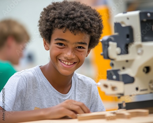 Young Apprentice Mastering CNC Router, Building Skills with Guidance from Experienced Mentor