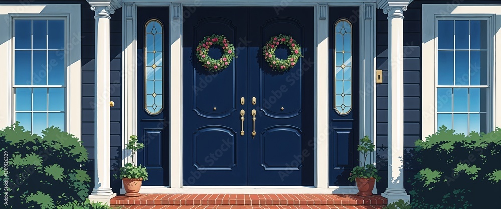 custom made wallpaper toronto digitalanime double front door in navy mansion home house frontage portrait retro cartoon illustration