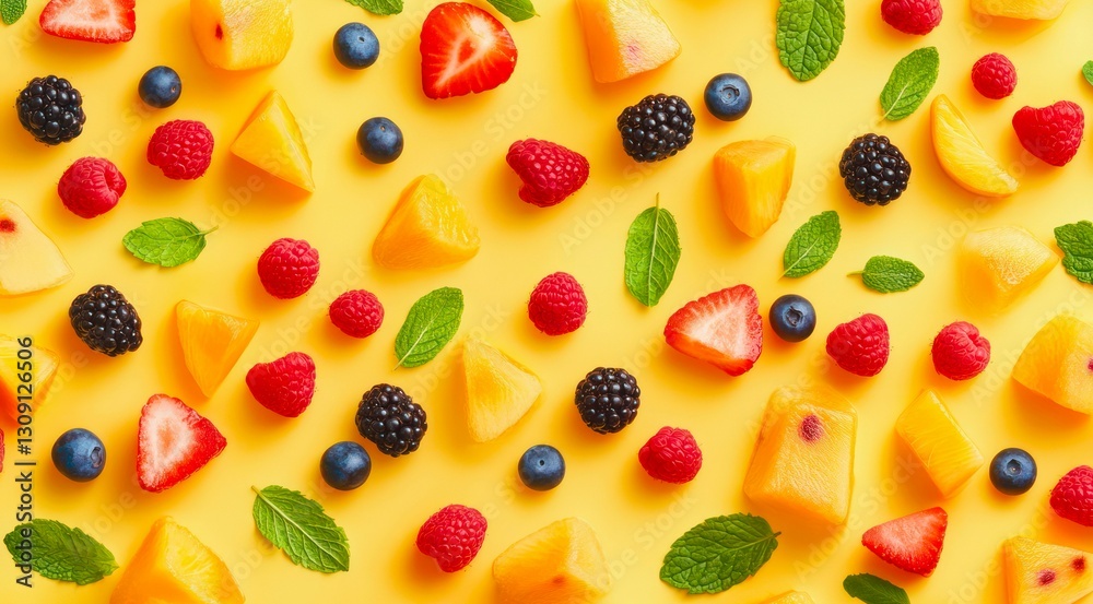 Pattern with fresh berries on yellow background, top view, minimal flat lay style. Pattern with fresh berries on yellow background, top view, minimal flat lay style.