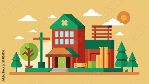 Using recycled materials such as reclaimed wood in the buildings construction.. Vector illustration