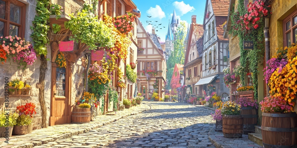 Fototapeta premium A charming cobblestone street in a European town, lined with colorful flowers and spring decorations