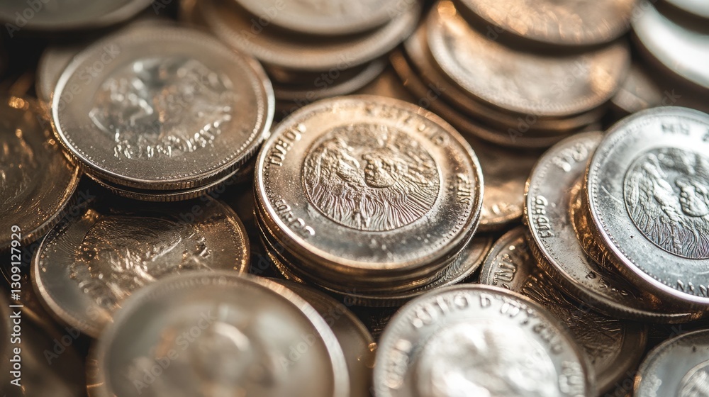 Gleaming silver coins form an elegant circle, their faces artfully divided: tops to the left, bottoms to the right, creating a mesmerizing visual harmony Gleaming silver coins form an elegant circle, their faces artfully divided: tops to the left, bottoms to the right, creating a mesmerizing visual harmony