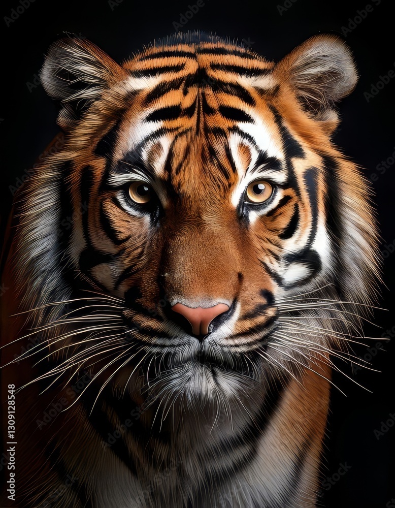 Fototapeta premium Generated imageStriking close-up portrait of a tiger with a direct gaze, set against a dark background, highlighting its majestic features.